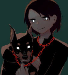 Rule 34 | 1boy, absurdres, animal, avogado6, black hair, black shirt, blue eyes, bright pupils, chain, chained, chain, closed mouth, doberman, dog, drooling, green eyes, highres, holding, holding animal, holding dog, long sleeves, looking at viewer, male focus, original, shirt, smile, solo, white pupils