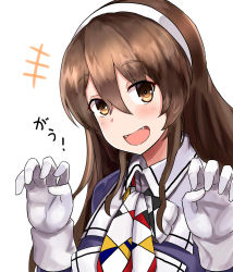 Rule 34 | +++, 10s, 1girl, :d, absurdres, ashigara (kancolle), brown eyes, brown hair, fangs, hair between eyes, hairband, highres, jacket, kantai collection, long hair, md5 mismatch, okitsugu, open mouth, panties, purple jacket, resolution mismatch, simple background, smile, solo, source smaller, underwear, white background, white hairband, white panties