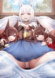 Rule 34 | 3girls, :d, absurdres, akagi-chan (azur lane), amagi-chan (azur lane), animal ears, azur lane, blue skirt, breasts, cleavage, closed eyes, commentary, dated commentary, fox ears, fox tail, highres, kaga (azur lane), large breasts, multiple girls, open mouth, panties, purple eyes, red eyes, samip, skirt, slit pupils, smile, tail, thick eyebrows, underwear, white panties