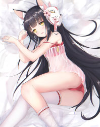 Rule 34 | 1girl, animal ear fluff, animal ears, ass, azur lane, black hair, camisole, commentary request, crop top, fox ears, highres, kana (kuaua), knees up, lingerie, long hair, loose thighhigh, lying, mask, mask on head, nagato (azur lane), nagato (great fox&#039;s respite) (azur lane), negligee, on side, open mouth, panties, photoshop (medium), red camisole, red panties, see-through, solo, strap slip, thighhighs, underwear, underwear only, very long hair, white thighhighs, yellow eyes