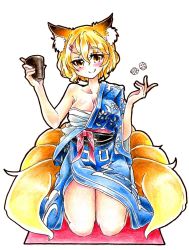 Rule 34 | 1girl, animal ears, blonde hair, blush, breasts, cleavage, collarbone, colored pencil (medium), cup, dice, eyelashes, fox ears, fox tail, goku (acoloredpencil), gokuu (acoloredpencil), hair ornament, hairclip, head tilt, highres, japanese clothes, kimono, large breasts, looking at viewer, mat, multiple tails, no headwear, obi, off shoulder, sarashi, sash, seiza, short hair, simple background, sitting, smile, solo, tail, touhou, traditional media, white background, yakumo ran, yellow eyes