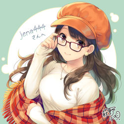 Rule 34 | 1girl, adjusting eyewear, breasts, brown eyes, brown hair, cabbie hat, closed mouth, commission, earrings, fringe trim, glasses, green background, hagino kouta, hand on eyewear, hand up, hat, jewelry, long hair, long sleeves, looking at viewer, medium breasts, orange hat, orange scarf, original, plaid, plaid scarf, red-framed eyewear, scarf, shirt, signature, sleeves past wrists, smile, solo, two-tone background, upper body, white shirt