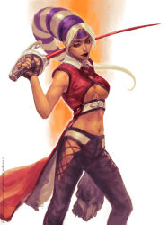 Rule 34 | 1girl, breasts, foxy (kof), headband, long hair, midriff, ponytail, rapier, snk, solidgrafi, solo, sword, the king of fighters, underboob, weapon, white hair