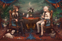 Rule 34 | 2boys, animal ears, arknights, ascot, balcony, black flower, black footwear, black hair, black jacket, black pants, black rose, black shirt, black suit, blue flower, blue rose, boutonniere, brooch, buttoned cuffs, carpet, chair, cloud, collared shirt, crescent moon, crossed legs, cup, curtains, ebenholz (arknights), epaulettes, flower, formal, full body, goat, goat boy, goat ears, goat horns, green sky, hair between eyes, hebbtia, highres, holding, holding flower, horns, indoors, interlocked fingers, jacket, jewelry, kreide (arknights), lapels, long hair, long sleeves, looking at viewer, low ponytail, male focus, moon, multiple boys, notched lapels, open clothes, open jacket, own hands together, pants, pendant, pink flower, pink rose, plant, purple eyes, red flower, red rose, rose, saucer, shirt, shoes, sitting, smile, suit, table, teacup, teapot, vase, white ascot, white flower, white jacket, white pants, white rose, white suit