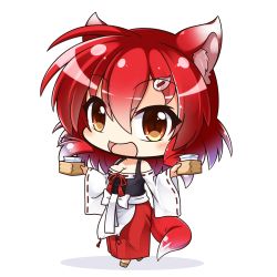 Rule 34 | 1girl, :d, animal ears, apron, bare shoulders, blush, bow, breasts, brown eyes, brown footwear, chibi, cleavage, commentary request, fox ears, fox girl, fox tail, hair between eyes, hair ornament, hairclip, hakama, hakama skirt, holding, japanese clothes, long hair, long sleeves, looking at viewer, medium breasts, open mouth, original, red hair, red hakama, ribbon-trimmed sleeves, ribbon trim, shachoo., skirt, smile, solo, standing, tail, white apron, white background, white bow, wide sleeves