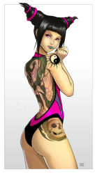 Rule 34 | 1girl, ass, back, back tattoo, backless outfit, bad deviantart id, bad id, bare back, black hair, black nails, candy, competition swimsuit, dragon, dragon tattoo, drill hair, eastern dragon, esteban barrientos, food, full-body tattoo, han juri, highres, lipstick, lollipop, looking back, makeup, nail polish, one-piece swimsuit, purple eyes, purple lips, short twintails, skull, solo, street fighter, street fighter iv (series), swimsuit, tattoo, twin drills, twintails, yin yang