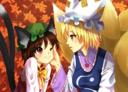 Rule 34 | 2girls, :3, animal ears, bad id, bad pixiv id, blonde hair, blush, bow, brown hair, cat ears, cat girl, cat tail, chen, earrings, female focus, fox tail, hand on another&#039;s cheek, hand on another&#039;s face, hand on own face, hat, jewelry, multiple girls, multiple tails, nunucco, one eye closed, red eyes, short hair, smile, tail, touhou, wink, yakumo ran, yellow eyes