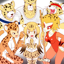 Rule 34 | 10s, 3boys, 3girls, absurdres, apollo (cheetahmen), aries (cheetahmen), bare arms, bare shoulders, black eyes, breasts, brown hair, cheetah (dc), cheetah (kemono friends), cheetah boy, cheetah ears, cheetah girl, cheetah print, cheetah tail, cheetahmen, cheetara, claw pose, claws, cleavage, closed mouth, collarbone, collared shirt, commentary, covered erect nipples, crossover, dc comics, dress shirt, elbow gloves, english commentary, fangs, flying sweatdrops, frown, furrowed brow, furry, gloves, gradient hair, hand on own hip, headband, hercules (cheetahmen), highres, kemono friends, large breasts, leotard, long hair, looking at viewer, miniskirt, multicolored hair, multiple boys, multiple crossover, multiple girls, muscular, necktie, open mouth, orange hair, orange leotard, own hands together, pleated skirt, polearm, print gloves, print legwear, print neckwear, print skirt, red eyes, roger i.s., scared, shirt, short hair, short sleeves, skirt, spotted hair, streaked hair, sweat, thighhighs, thundercats, trait connection, two-tone hair, very long hair, wavy mouth, weapon, whiskers, white shirt, wing collar, zettai ryouiki
