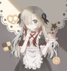 Rule 34 | 1girl, alternate costume, apron, black dress, black eyes, black flower, cake, cake slice, cookie, dress, enmaided, flower, food, food on face, frilled apron, frills, grey hair, hair flower, hair ornament, hair over one eye, highres, holding, holding plate, isekai joucho, kamitsubaki studio, light, long hair, looking at viewer, maid, multicolored hair, plate, red hair, shade, short sleeves, shouyuuchahan, solo, two-tone hair, upper body, virtual youtuber, white apron, wrist cuffs