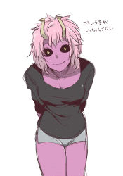 Rule 34 | 10s, 1girl, arms behind back, ashido mina, bent over, black sclera, black shirt, boku no hero academia, breasts, cleavage, colored sclera, colored skin, constricted pupils, female focus, gokujou no kaeru-yaki, highres, horns, looking at viewer, pink hair, purple skin, shirt, short hair, shorts, simple background, skirt, smile, solo, white background, yellow eyes