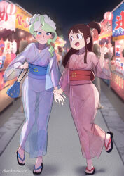 Rule 34 | 2girls, arikindows10, asymmetrical bangs, bag, blonde hair, blue bag, blue eyes, blue kimono, blunt bangs, blunt ends, blurry, blush, breasts, brown hair, cleft of venus, closed mouth, collarbone, commission, depth of field, diana cavendish, embarrassed, exhibitionism, festival, full body, hand up, highres, holding, holding bag, holding hands, index finger raised, japanese clothes, kagari atsuko, kimono, little witch academia, long hair, long sleeves, looking at another, looking down, market stall, medium breasts, multicolored hair, multiple girls, night, night sky, nipples, no bra, no panties, obi, one side up, open mouth, outdoors, pointing, pointing forward, print kimono, public indecency, pussy, red eyes, red kimono, sandals, sash, see-through, see-through kimono, short eyebrows, short hair with long locks, single sidelock, skeb commission, sky, small breasts, smile, sweatdrop, tareme, tsurime, two-tone hair, wavy hair, wavy mouth, white hair, wide sleeves, yukata