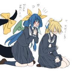 Rule 34 | 1boy, 1girl, blonde hair, blue hair, blue skirt, blush, bow, closed mouth, covering privates, crossdressing, dizzy (guilty gear), embarrassed, closed eyes, guilty gear, guilty gear xrd, hair between eyes, hair ornament, happy, interlocked fingers, japanese clothes, ky kiske, long hair, long sleeves, maka (morphine), open mouth, own hands clasped, own hands together, ponytail, red eyes, ribbon, sailor collar, school uniform, seiza, serafuku, simple background, sitting, skirt, smile, sweat, sweatdrop, tail, tail bow, tail ornament, tail ribbon, white background, wings, yellow ribbon