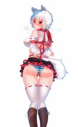 Rule 34 | 1girl, adapted costume, animal ears, arms behind back, ass, bdsm, between buttocks, blush, bondage, boots, bound, box tie, breasts, brown footwear, cold, crop top, crotch rope, detached sleeves, ehrrr, english text, from behind, gluteal fold, hair between eyes, highres, inubashiri momiji, knee boots, large breasts, looking at viewer, midriff, miniskirt, panties, pantyshot, pleated skirt, pouty lips, red eyes, red scarf, restrained, rope, scarf, shibari, shibari over clothes, shirt, short hair, skirt, sleeveless, sleeveless shirt, solo, standing, striped clothes, striped panties, tail, thigh gap, thighhighs, thighs, touhou, underwear, white hair, white thighhighs, wide sleeves, wolf ears, wolf tail