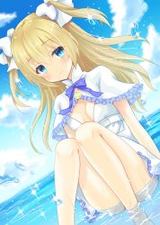Rule 34 | 1girl, ass, bare legs, blue eyes, blue ribbon, bow, breasts, cloud, commentary request, day, dress, emori el, hair bow, highres, in water, liver city, looking at viewer, ocean, outdoors, ribbon, sitting, small breasts, smile, solo, uonuma yuu, water, white bow, white dress