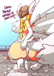 Rule 34 | 1girl, angel wings, angewomon, animated, animated gif, ass, bare shoulders, blonde hair, blush, breasts, covered eyes, digimon, digimon (creature), digimon adventure, diives, english text, facing viewer, gloves, heart, helmet, highres, huge ass, leotard, leotard pull, long hair, looking back, medium breasts, multiple wings, outdoors, seiza, sitting, solo, thighhighs, wedgie, white leotard, white thighhighs, wings