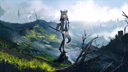 Rule 34 | 1girl, absurdres, advarcher, ahoge, animal ear fluff, animal ears, bare tree, black jacket, blue eyes, blue sky, boots, building, closed mouth, cloud, cloudy sky, commentary, cross, day, english commentary, floating island, fox ears, fox girl, fox tail, full body, fur trim, grass, highres, holding, holding sheath, hololive, jacket, landscape, long sleeves, official alternate costume, open clothes, open jacket, outdoors, rock, sheath, shirakami fubuki, shirakami fubuki (fubukitek), shirt, sky, smile, solo, standing, sun, sunlight, sword, tail, thigh boots, thighhighs, tree, virtual youtuber, weapon, white hair, zettai ryouiki