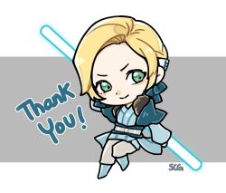 Rule 34 | 1girl, alternate costume, blonde hair, blue dress, blue footwear, blue lightsaber, blush, boots, breasts, chibi, commentary, double bladed lightsaber, dress, energy sword, fire emblem, fire emblem: three houses, forehead, full body, fur trim, green eyes, grey pants, holding lightsaber, ingrid brandl galatea, lightsaber, long sleeves, looking at viewer, medium breasts, nintendo, pants, short dress, short hair, silvercandy gum, smile, solo, star wars, sword, thank you, weapon, white background, wide sleeves