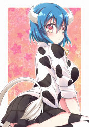 Rule 34 | 1girl, absurdres, animal print, bad id, bad pixiv id, bell, black skirt, blue hair, blush, border, breasts, closed mouth, collar, cow girl, cow horns, cow print, cow tail, cowbell, highres, horns, huge filesize, jashin-chan dropkick, large breasts, looking to the side, miniskirt, minos (jashin-chan dropkick), neck bell, orange eyes, short hair, simple background, sitting, skirt, solo, star (symbol), starry background, striped clothes, striped thighhighs, tail, thighhighs, white border, yuuki shushu