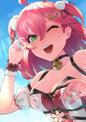 Rule 34 | ;d, absurdres, ahoge, bell, black choker, blush, breasts, cat hair ornament, choker, cleavage, commentary, detached sleeves, frilled sleeves, frills, green eyes, hair ornament, hairpink, highres, hololive, ke-su, large breasts, looking at viewer, medium hair, neck bell, one eye closed, open mouth, pink hair, pom pom (clothes), pom pom hair ornament, red shirt, sakura miko, sakura miko (work), shirt, smile, sweat, virtual youtuber, white sleeves, white wrist cuffs, wrist cuffs