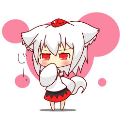 Rule 34 | 1girl, animal ears, blush, chibi, covering own mouth, detached sleeves, frown, hat, idaten93, inubashiri momiji, pom pom (clothes), red eyes, short hair, simple background, skirt, solo, staring, tail, tokin hat, touhou, translation request, white hair, wolf ears, wolf tail