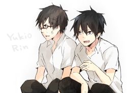 Rule 34 | 2boys, anger vein, annoyed, ao no exorcist, bad id, bad pixiv id, black hair, brothers, glasses, mmff06, multiple boys, okumura rin, okumura yukio, open mouth, pointy ears, school uniform, shirt, siblings, simple background