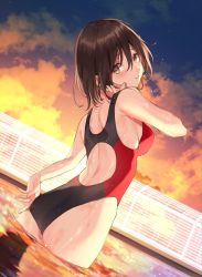 Rule 34 | 1girl, adjusting clothes, adjusting swimsuit, ass, back, back cutout, black one-piece swimsuit, blush, breasts, brown eyes, brown hair, clothing cutout, cloud, competition swimsuit, dripping, dutch angle, evening, fence, from behind, gradient sky, hair between eyes, hand up, harui (hr x9 ), head tilt, highleg, highleg swimsuit, highres, looking at viewer, looking back, multicolored clothes, multicolored swimsuit, one-piece swimsuit, original, outdoors, pool, red one-piece swimsuit, short hair, shoulder blades, sky, standing, sunset, swimsuit, wading, water, water drop, wet, wet clothes, wet hair, wet swimsuit