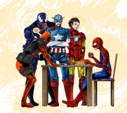 Rule 34 | 5boys, avengers (series), captain america, deadpool, deadpool (series), eating, food, heart, iron man, male focus, marvel, multiple boys, peter parker, plate, spider-man, spider-man (series), steve rogers, superhero costume, table, tony stark, venom (marvel)