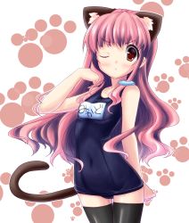 Rule 34 | 1girl, animal ears, bare shoulders, black thighhighs, blush, chicago-x, colorized, female focus, highres, long hair, nyamo (artist), one-piece swimsuit, one eye closed, original, pink eyes, pink hair, school swimsuit, solo, swimsuit, tail, thighhighs, white background, wink