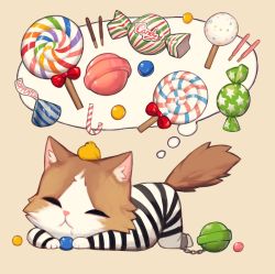 Rule 34 | animal, animal on head, bird, bird on head, bow, brown background, candy, candy cane, cat, food, highres, lollipop, no humans, on head, original, pocky, red bow, rinotuna, simple background, solo, tail, thought bubble