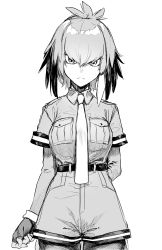 Rule 34 | 1girl, absurdres, arm behind back, belt, breast pocket, breasts, closed mouth, cowboy shot, fingerless gloves, gloves, greyscale, hair between eyes, high-waist shorts, highres, kemono friends, layered sleeves, long sleeves, looking at viewer, medium breasts, medium hair, monochrome, necktie, pantyhose, pocket, reiga (act000), shoebill (kemono friends), short over long sleeves, short shorts, short sleeves, shorts, simple background, solo, white background