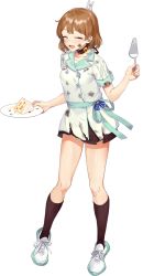 Rule 34 | 1girl, ^ ^, alternate costume, blush, brown eyes, buttons, cake, closed eyes, collarbone, drew (drew213g), food, full body, holding, holding plate, kantai collection, kneehighs, light brown hair, oboro (kancolle), official art, open mouth, plate, shirt, shoes, short hair, short sleeves, shorts, smile, sneakers, socks, solo, torn clothes, torn shirt, torn shorts, transparent background, white shirt, white socks