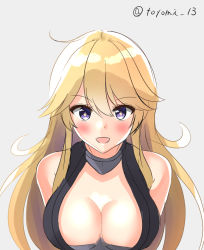 Rule 34 | 1girl, artist name, blonde hair, blush, breasts, choker, cleavage, grey background, iowa (kancolle), kantai collection, large breasts, long hair, looking at viewer, open mouth, purple eyes, solo, star-shaped pupils, star (symbol), symbol-shaped pupils, toyomi 13