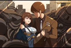 Rule 34 | 1boy, 1girl, android, blue necktie, blue ribbon, breasts, brown hair, brown pantyhose, carrying, carrying person, collared shirt, commander (nikke), detached sleeves, dirty, goddess of victory: nikke, highres, holding, large breasts, long hair, marian (nikke), military uniform, missing limb, necktie, outdoors, pantyhose, pixel art, red eyes, ribbon, ruins, sealssugiyama, shirt, torn clothes, uniform, white necktie, white shirt