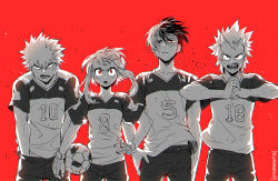 Rule 34 | 1girl, 3boys, alternate costume, alternate eye color, arm at side, backlighting, bakugou katsuki, ball, black eyes, bloodshot eyes, bloom, blush, boku no hero academia, burn scar, carrying, carrying under arm, clothes lift, collarbone, commentary, cracking knuckles, determined, eyelashes, fingerless gloves, fist in hand, floating clothes, floating hair, furrowed brow, gloves, greyscale with colored background, hair between eyes, hand on own hip, hand under clothes, hands up, heterochromia, kirishima eijirou, looking at viewer, lowah, lower teeth only, multicolored hair, multiple boys, number print, open mouth, parted lips, red background, red eyes, sanpaku, scar, scar across eye, scar on face, screentones, serious, sharp teeth, shirt lift, short eyebrows, short hair, sidelocks, simple background, soccer ball, soccer uniform, spiked hair, split-color hair, sportswear, standing, straight-on, straight hair, sweat, teeth, todoroki shouto, twitter username, two-tone hair, upper body, uraraka ochako, v-neck, v-shaped eyebrows