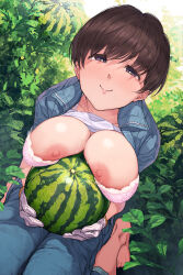 Rule 34 | 1girl, absurdres, barefoot, blue overalls, bra, bra pull, breast rest, breasts, brown hair, clothes lift, clothes pull, feet, food, fruit, gloves, highres, holding, holding food, holding fruit, large breasts, looking at viewer, nipples, original, outdoors, overalls, pink bra, purple eyes, shirt, shirt lift, short hair, sitting, smile, solo, underwear, wariza, watermelon, white gloves, white shirt, yomoda yomo