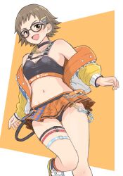 Rule 34 | 1girl, black-framed eyewear, black bra, black choker, black panties, blush, bra, breasts, brown hair, chain, chain necklace, choker, cleavage, collarbone, cropped jacket, glasses, groin, highres, idolmaster, idolmaster cinderella girls, jacket, jacket partially removed, jewelry, kitagawa mahiro, looking at viewer, miniskirt, multicolored clothes, multicolored jacket, navel, necklace, noe aoikaba, orange skirt, panties, short hair, skirt, small breasts, smile, solo, standing, standing on one leg, thigh strap, underwear