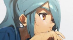 Rule 34 | 1boy, aqua hair, blurry, brown eyes, close-up, commentary, depth of field, eyelashes, from side, hair over one eye, hand up, highres, inazuma eleven (series), kazemaru ichirouta, long hair, looking ahead, male focus, omisotayan, parted lips, ponytail, portrait, sidelocks, simple background, solo, sweat, swept bangs, symbol-only commentary, white background, wiping face, wiping sweat