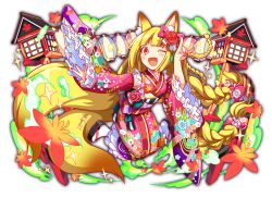 1girl \m/ absurdly_long_hair alternate_costume alternate_hair_ornament alternate_hairstyle animal_ear_fluff animal_ears anime_coloring artist_request black_footwear blonde_hair blunt_bangs blush bow braid breasts circle_print crash_fever detached_sleeves dot_nose eyelashes fang fingernails floral_print_bow floral_print_kimono floral_print_sleeves flower fox_ears fox_girl frilled_kimono frilled_sleeves frills full_body furisode_sleeves game_cg gradient_tail hair_bow hair_flower hair_ornament hairband japanese_clothes kimono kitsune lantern leaf leaf_print light_particles long_hair long_sleeves looking_at_viewer low-braided_long_hair low-tied_long_hair low_twin_braids maple_leaf maple_leaf_print medium_breasts multicolored_sash multiple_tails nail_polish number_print numbered obi official_alternate_costume official_alternate_hair_ornament official_alternate_hairstyle official_art okobo one_eye_closed open_mouth outline paper_lantern pink_nails print_kimono print_sash print_sleeves purple_bow red_bow red_eyes red_flower red_hairband red_kimono red_outline red_rose red_sleeves rose sandals sash side_braids socks solo sparkle square square_print tabi tachi-e tail tamamo_(crash_fever) tamamo_no_mae_(mythology) tassel third-party_source tongue transparent_background twin_braids vertical-striped_sash very_long_hair white_flower white_rose white_socks wide_sleeves yellow_tail