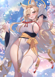 Rule 34 | 1girl, animal ears, arm up, armpits, bare shoulders, blonde hair, blue archive, blush, breasts, cherry blossoms, commentary request, covered navel, detached sleeves, eyeshadow, fang, fox ears, hair over one eye, hairband, halo, highres, japanese clothes, kaho (blue archive), kimono, large breasts, long hair, looking at viewer, makeup, mole, mole under mouth, open mouth, outdoors, pink eyeshadow, revision, short eyebrows, sideboob, single thighhigh, skin fang, solo, studiopokotan, tassel, thick eyebrows, thighhighs, thighs, wide sleeves, yellow eyes