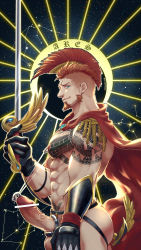 Rule 34 | 1boy, abs, alternate costume, anal, anal object insertion, aquarius (constellation), ares (priapus), arm tattoo, bar censor, bara, beard, black gloves, blue eyes, cape, censored, character name, chest tattoo, cock ring, constellation, erection, facial hair, from side, gloves, green eyes, highres, holding, holding sword, holding weapon, jockstrap, large pectorals, male focus, male penetrated, male underwear, mature male, mohawk, muscular, muscular male, nipple piercing, nipple rings, nipples, object insertion, orange hair, pectorals, penis, penis piercing, piercing, priapus, prince albert, pubic tattoo, red cape, sagittarius (constellation), sex toy, short hair, sideburns, solo, stomach, sword, tattoo, taurus (constellation), underwear, veins, veiny penis, weapon, wind, yzpyn