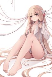 Rule 34 | 1girl, absurdly long hair, absurdres, ass, barefoot, blonde hair, breasts, brown eyes, cable, chii, chobits, closed mouth, collarbone, collared shirt, commentary, feet, foreshortening, full body, hair tubes, highres, hiroside, knees up, legs, long hair, looking at viewer, medium breasts, no bra, open clothes, open shirt, panties, pantyshot, pink panties, robot ears, shirt, simple background, sitting, solo, thighs, underwear, very long hair, white background, white shirt