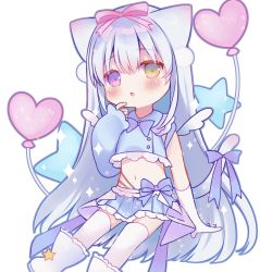 Rule 34 | 1girl, ame usari, animal ears, balloon, blue shirt, blue skirt, blush, boots, bow, brown eyes, cat ears, cat girl, cat tail, crop top, gloves, hair between eyes, heart balloon, heterochromia, highres, long hair, long sleeves, midriff, navel, original, pink bow, pleated skirt, puffy long sleeves, puffy sleeves, purple bow, purple eyes, shirt, silver hair, simple background, single sleeve, sitting, skirt, sleeves past wrists, solo, star (symbol), tail, tail bow, tail ornament, thighhighs, thighhighs under boots, very long hair, white background, white footwear, white gloves, white thighhighs