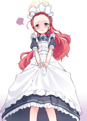 Rule 34 | !, apron, black dress, blue archive, blue bow, blue bowtie, blush, bow, bowtie, collared dress, commentary request, dress, forehead, frilled apron, frilled dress, frills, hair bow, hair pulled back, halo, highres, long hair, looking at viewer, maid, maid apron, maid headdress, multiple hair bows, paid reward available, parted lips, ponytail, puffy short sleeves, puffy sleeves, purple eyes, red hair, shokupan (slvk12), short sleeves, simple background, skirt hold, speech bubble, spoken exclamation mark, very long hair, white apron, white background, white bow, yellow halo, yuzu (blue archive), yuzu (maid) (blue archive)