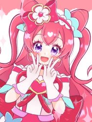 Rule 34 | 1girl, :d, back bow, bow, brooch, choker, cone hair bun, cure precious, delicious party precure, double bun, double v, earrings, hair bow, hair bun, heart, heart brooch, highres, huge bow, jewelry, long hair, looking at viewer, magical girl, nagomi yui, open mouth, pink bow, pink hair, precure, purple eyes, red choker, smile, solo, two side up, umiyuki (umi chu), upper body, v