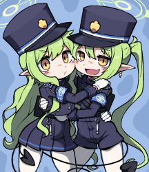 Rule 34 | 2girls, armband, average-hanzo, black hat, black jacket, black shorts, black skirt, black tail, blue archive, blue armband, cheek-to-cheek, closed mouth, earrings, gloves, green hair, green halo, halo, hat, heads together, hikari (blue archive), nozomi (blue archive), hug, jacket, jewelry, long hair, long sleeves, looking at viewer, multiple girls, open mouth, pantyhose, peaked cap, pleated skirt, pointy ears, shorts, skirt, smile, twintails, very long hair, white gloves, white pantyhose, yellow eyes