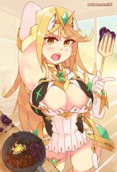 Rule 34 | 1girl, arm behind head, arm up, armpits, artist name, bad food, blonde hair, blush, breasts, burnt food, cleavage, egg, elbow gloves, food, frying pan, gloves, highres, index finger raised, large breasts, long hair, looking at viewer, mythra (xenoblade), nintendo, open mouth, patreon username, rtil, sleeveless, solo, spatula, standing, sunlight, thigh strap, watermark, web address, white gloves, window, xenoblade chronicles (series), xenoblade chronicles 2, yellow eyes