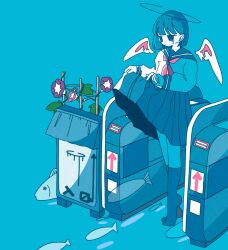 Rule 34 | 1girl, blue background, blue eyes, blue hair, blue sailor collar, blue skirt, blue socks, blush, colored skin, crying, crying with eyes open, fish, flower, halo, highres, jitome, kneehighs, lifted by self, long bangs, long sleeves, looking down, medium hair, neckerchief, no pupils, no shoes, original, purple flower, red neckerchief, sailor collar, school uniform, serafuku, shirt, sidelocks, sign, simple background, skirt, skirt hold, socks, solo, sskitaco, standing, tears, turnstile, walking, white shirt, white skin, white wings, wings