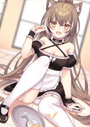 Rule 34 | 1girl, ahoge, animal ears, apron, brown eyes, brown hair, cat ears, choker, cup, drinking glass, fingernails, frilled choker, frills, garter straps, highres, hololive, hololive english, long hair, looking at viewer, maid, maid apron, multicolored hair, nanashi mumei, off shoulder, socks, spill, streaked hair, thighhighs, tile floor, tiles, tray, very long hair, virtual youtuber, watashishi, white socks, wine glass