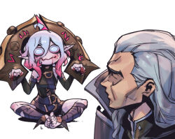 Rule 34 | 1boy, 1girl, ahoge, belt, black belt, black jacket, blood on mouth, briar (league of legends), closed mouth, colored sclera, colored skin, commentary, detached sleeves, feet, grey hair, hair between eyes, hair slicked back, jacket, league of legends, long hair, looking at another, looking at viewer, no pupils, phantom ix row, pink hair, pointy ears, red sclera, sidelocks, simple background, sitting, spread legs, stirrup legwear, swain (league of legends), symbol-only commentary, toeless footwear, toeless legwear, toes, vampire, white background, white eyes, wrist cuffs