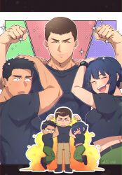 1girl 2boys absurdres ao_isami black_hair black_shirt blush brown_hair closed_eyes commentary_request deformed double_biceps_pose flexing hanging_on_arm hibiki_rio highres multiple_boys open_mouth ryuji_satake s_t4k shirt short_hair twitter_username watch wristwatch yuuki_bakuhatsu_bang_bravern